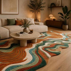 Tappeto passatoia astratto ondulato trapuntato a mano – Tappeto moderno organico, terracotta, verde salvia, avorio