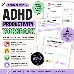 May include: ADHD productivity workbook with focus plan, task breakdown, and overwhelm reset pages. The workbook is designed to help build habits, plan smarter, and feel accomplished. The cover features the text "ADHD Productivity Workbook" and "Made for ADHD Minds."