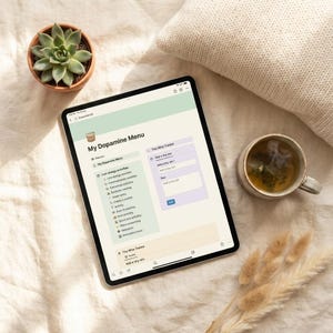May include: A digital tablet displaying a "My Dopamine Menu" planner with a "Tiny Wins Tracker" section. A small potted succulent, a mug of tea, and decorative dried plants are arranged on a soft, neutral-toned surface.
