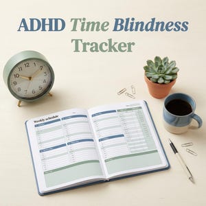 May include: An open weekly schedule planner with blue and green accents, a sage green analogue clock, a succulent in a terracotta pot, a two-toned blue mug filled with coffee, and a pen. The text ADHD Time Blindness Tracker is displayed above.
