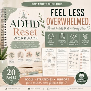 Puede incluir: Cuaderno de reinicio de TDAH con encuadernación en espiral, con el texto "Feel Less Overwhelmed". La portada incluye una ilustración de faro y las palabras "ADHD Reset Workbook". El cuaderno ofrece estrategias y herramientas prácticas.