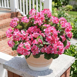 以下が含まれることがあります： 鮮やかなピンクと白の花の房と緑の葉を持つ鉢植え。植物は、質感のある明るい茶色の上部と滑らかな無地の白いベースを備えた、丸い2色の容器に入っており、華やかな花のディスプレイを作り出しています。