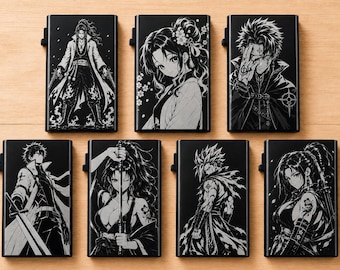 Metalowy portfel z grawerunkiem anime | Smukły portfel. RFID. Etui na karty, kieszeń z przodu.