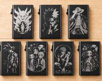 Carteira de metal gravada com tema de anime | Carteira fina. Porta-cartões, design com bolso frontal.
