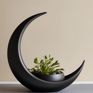 Pode incluir: Um vaso em forma de meia-lua preto fosco com uma estrutura curva e lisa que sustenta uma pequena tigela redonda no centro. Uma planta suculenta verde com folhas grossas e arredondadas está plantada dentro da tigela, criando um contraste.