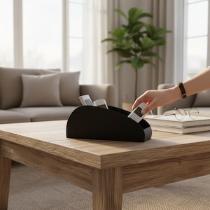 Puede incluir: Un organizador de escritorio negro mate en forma de semicírculo, con tres ranuras distintas diseñadas para guardar mandos a distancia o pequeños dispositivos electrónicos. Su estructura curva permite un acceso sencillo a los objetos almacenados.