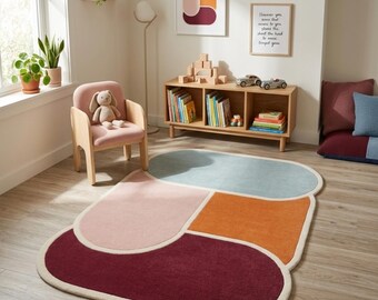 Hand-Tufted Abstract Rug, Colorful Geometric Area Rug, Soft Wool Nursery Accent Mat, Modern Art Living Room Decor, Unique Handmade Floor Rug