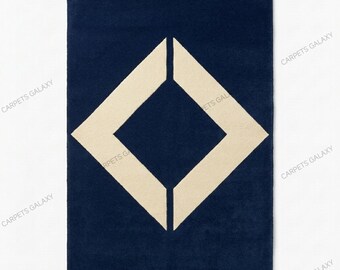 Handtuftad modern marinblå matta med minimalistiskt geometriskt diamantmönster