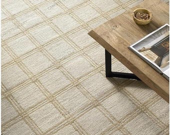Handgetufteter beige taktiler Gitter-Muster-Loop-Wollteppich