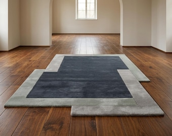 Handmade Geometric Wool Area Rug, Modern Abstract Living Room Carpet, Soft Grey Green Tufted Floor Mat, Custom Rug