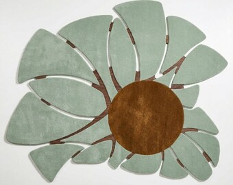Handmade Botanical Area Rug, Sage Green & Brown Wool Accent Mat, Modern Floral Tufted Rug