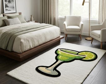 Handmade Margarita Rug, Fun Green Cocktail Area Rug, Hand-Tufted Wool Accent Rug, Unique Bar Decor for Living Room, Kitchen or Office