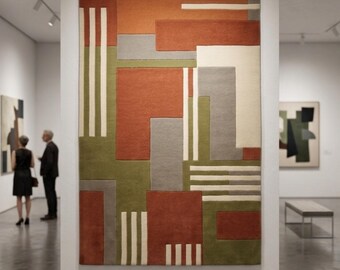Tappeto geometrico in lana fatto a mano, decorazione retrò trapuntata per soggiorno, tappeto astratto verde arancione marrone con accenti decorativi,