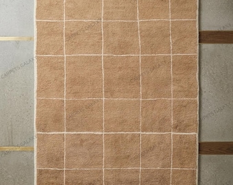Handmade Hand-Tufted Wool Rug Geometric Grid, Neutral Scandinavian Area Rug for Living Room Bedroom, Bohemian Accent, Textured Pile