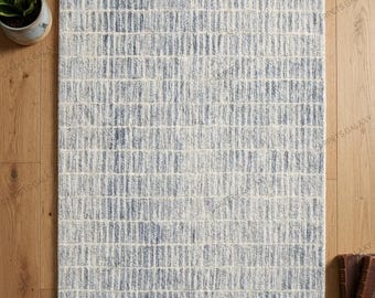 Handmade Hand-Tufted Geometric Striped Blue Cream Loop Medium Pile Area Rug.