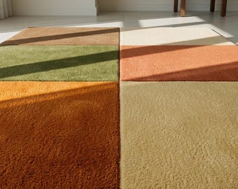 Geometrischer Wollteppich 8x10 Mid-Century Modern Handgemachter Teppich Color Block Braun Grün Rost Wohnzimmer Kinderzimmer Handgetufteter Teppich