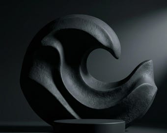 May include: A dark gray, textured, abstract sculpture with a curved, wave-like form positioned behind a small, solid, cylindrical black pedestal. The sculpture features deep, smooth indentations and a rough, matte surface finish throughout.