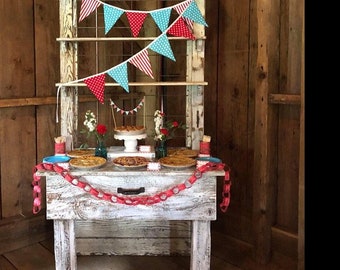 Fabric Banner- Aqua polka dots, aqua and red stripes
