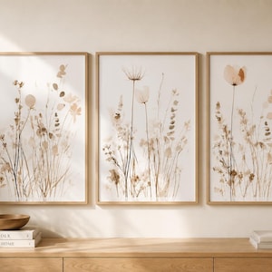 Stampe botaniche neutre ad acquerello, set di 3 opere d'arte con fiori selvatici (download digitale)