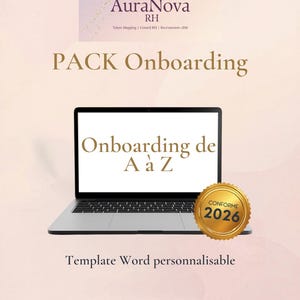Puede incluir: Un portátil muestra "Onboarding de A a Z". El texto "PACK Onboarding" está encima. Un sello dorado dice "CONFORME 2026". El logotipo de AuraNova RH está en la parte superior. Las palabras "Template Word personnalisable" están en la parte inferior.
