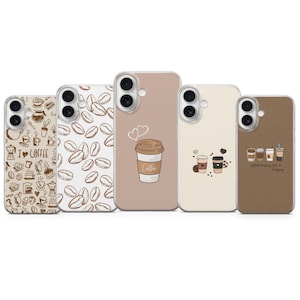 May include: Five smartphone cases featuring coffee-themed designs. The first has brown coffee icons and the text I LOVE COFFEE. The second has a brown coffee bean pattern. The third is tan with a coffee cup and hearts. The fourth has two cups. The fifth is brown with four cups and the text Coffee makes me happy.