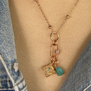 Rose Gold Carabiner Necklace w/ Rose Gold Evil Eye & Topaz Charm - Handmade Gifts For Her
