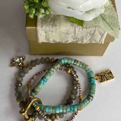 Turquoise shops Bracelet/Carabiner Bracelet/Light Blue Bracelet/Turquoise Beaded Bracelet/Stack Bracelet/Chunky Bracelet/Mens Bracelet/Gift Box