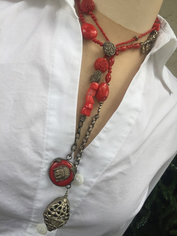 Buddha Necklace-Coral Buddha-Chinese Cinnabar-Cor… - image 2