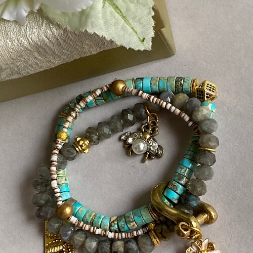 Turquoise shops Bracelet/Carabiner Bracelet/Light Blue Bracelet/Turquoise Beaded Bracelet/Stack Bracelet/Chunky Bracelet/Mens Bracelet/Gift Box