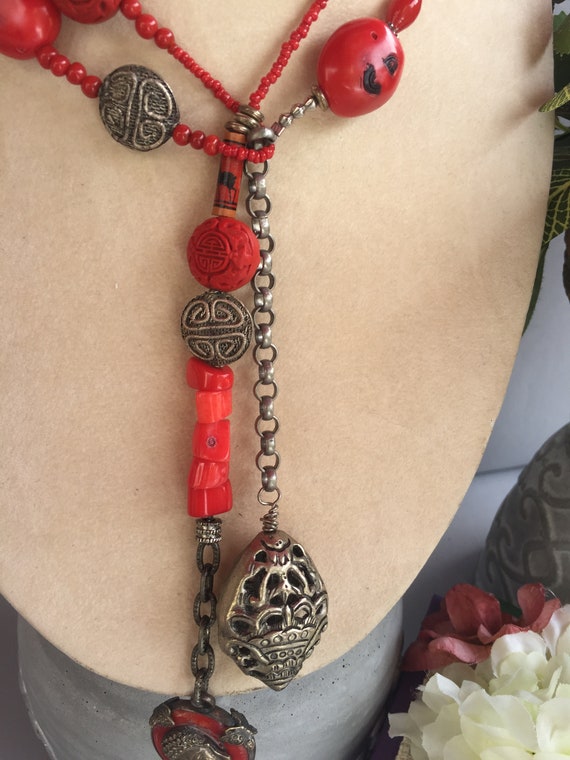 Buddha Necklace-Coral Buddha-Chinese Cinnabar-Cor… - image 6