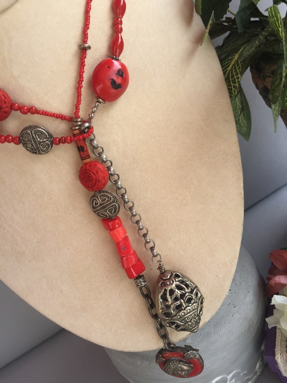 Buddha Necklace-Coral Buddha-Chinese Cinnabar-Cor… - image 3