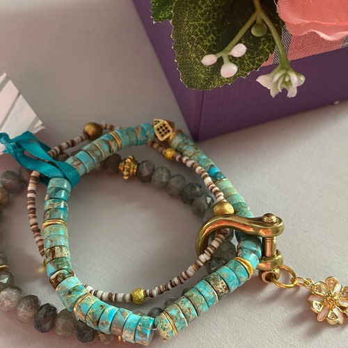 Turquoise shops Bracelet/Carabiner Bracelet/Light Blue Bracelet/Turquoise Beaded Bracelet/Stack Bracelet/Chunky Bracelet/Mens Bracelet/Gift Box