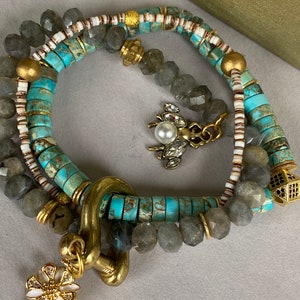 Turquoise Bracelet - Stackable - Carabiner Bracelet -18 Gold filled charms-Gift for Her-One of a kind.