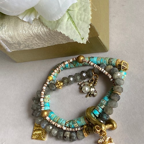 Turquoise shops Bracelet/Carabiner Bracelet/Light Blue Bracelet/Turquoise Beaded Bracelet/Stack Bracelet/Chunky Bracelet/Mens Bracelet/Gift Box