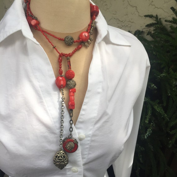 Buddha Necklace-Coral Buddha-Chinese Cinnabar-Cor… - image 1