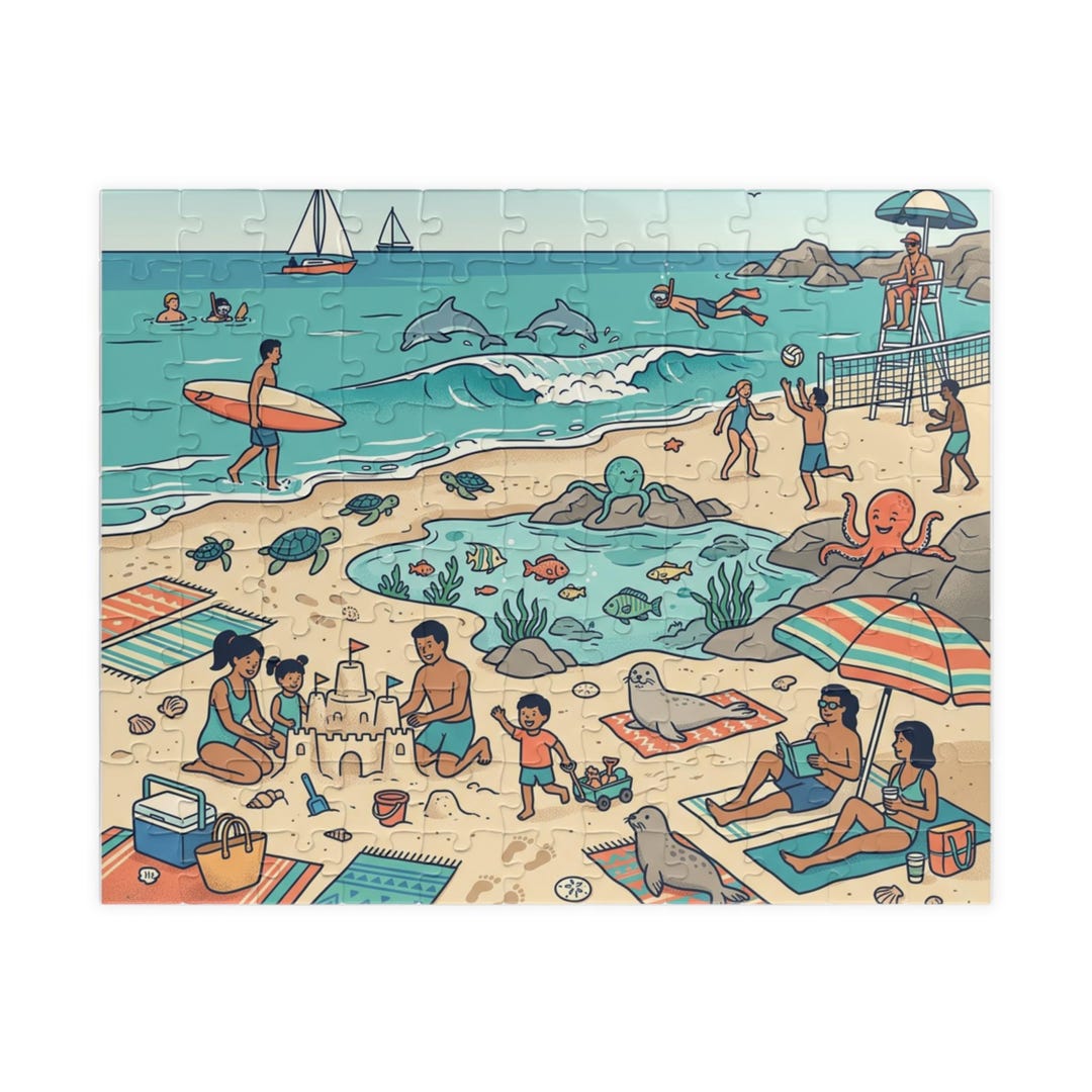 Beach Scene Puzzle 520 Piece | Family Seaside Illustration Jigsaw - Etsy
