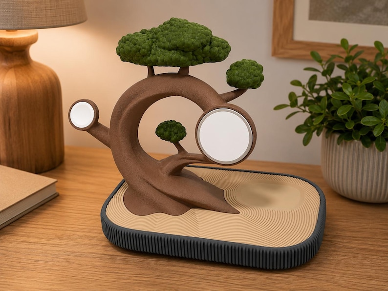 May include: A brown tree-shaped charging station with green foliage, featuring two circular white magnetic charging pads. The base is a rectangular tray with a tan, raked sand texture and a dark grey ribbed border, designed for electronic devices.