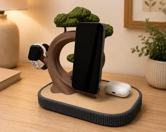 May include: A multi-device charging station featuring a brown tree-shaped stand with green foliage. The base has a tan, textured surface with circular patterns and a dark gray ridged edge. It holds a black smartphone, a smartwatch, and white earbuds.