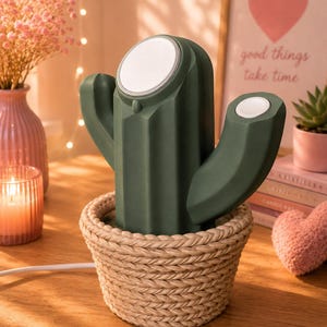 May include: A dark green cactus-shaped wireless charging station with a circular white charging pad on the top and a smaller circular white charging pad on the side arm, set inside a textured, light beige woven basket-style base with a white cord.
