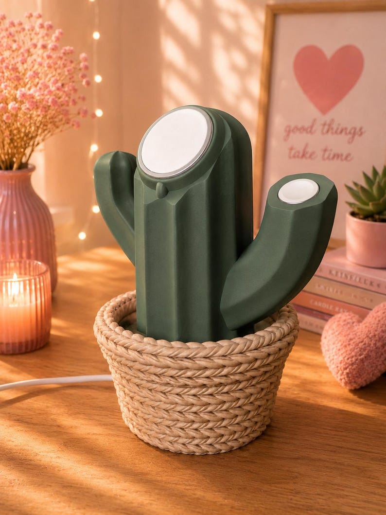 May include: A dark green cactus-shaped wireless charging station with a circular white charging pad on the top and a smaller circular white charging pad on the side arm, set inside a textured, light beige woven basket-style base with a white cord.