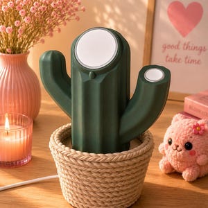 May include: A dark green cactus-shaped lamp with two white circular light panels on the top and side. The base is wrapped in a textured, light beige rope material. A thin white power cord extends from the bottom of the rope-covered base.