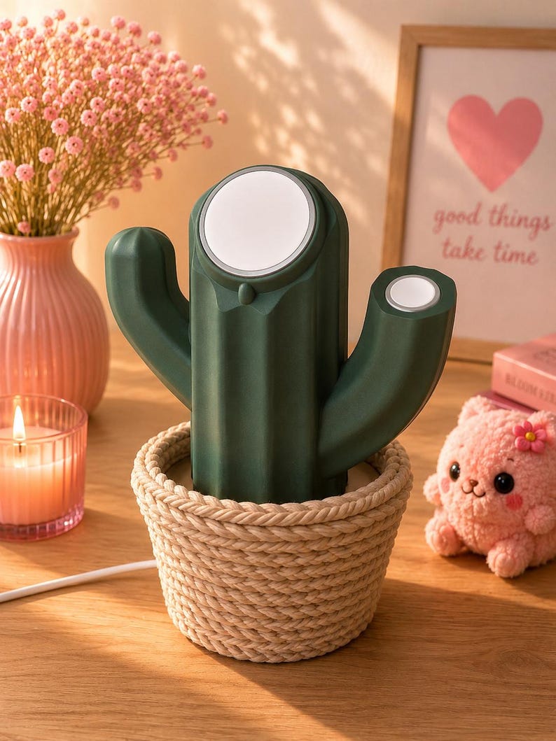 May include: A dark green cactus-shaped lamp with two white circular light panels on the top and side. The base is wrapped in a textured, light beige rope material. A thin white power cord extends from the bottom of the rope-covered base.