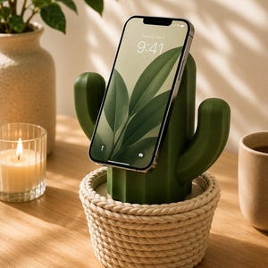 Peut inclure: Un support pour smartphone en forme de cactus vert foncé avec une base entourée d'une corde épaisse de couleur crème. Le support maintient un smartphone dont l'écran affiche l'heure 9:41 et la date du mardi 7 mai sur un fond d'écran végétal.