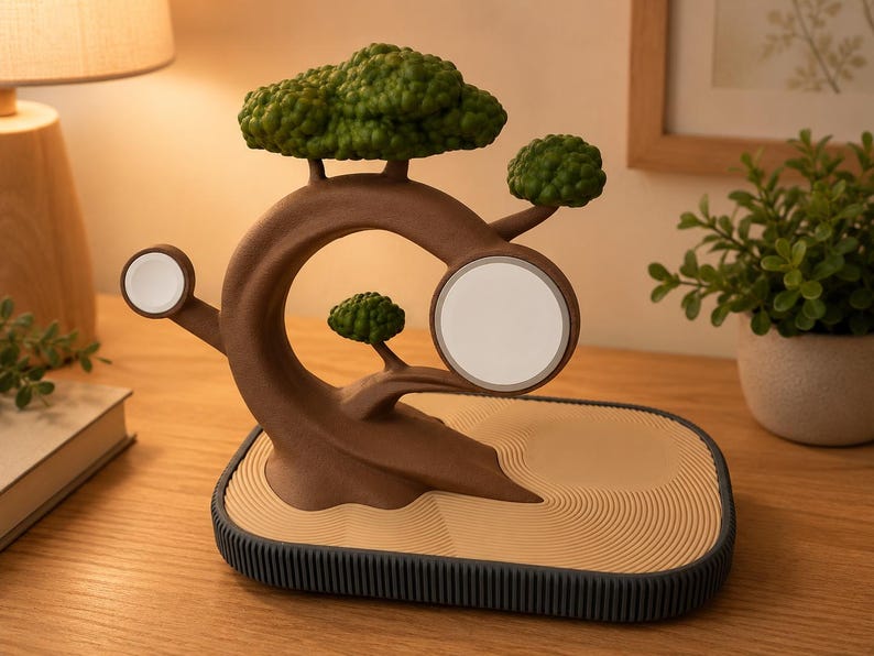 May include: A brown bonsai tree-shaped charging station with green foliage, featuring a circular white magnetic charger for a phone and a smaller circular charger for a watch, set on a tan base with a textured sand-like pattern and a dark grey rim.