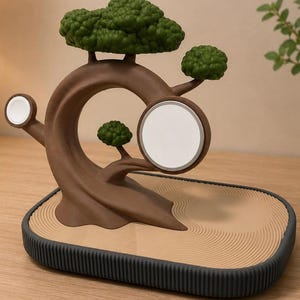 May include: A brown bonsai tree-shaped charging station with green foliage, featuring a circular white magnetic charger and a smaller circular white charger on a branch. The base is a rectangular tray with a tan sand-textured surface and dark grey sides.