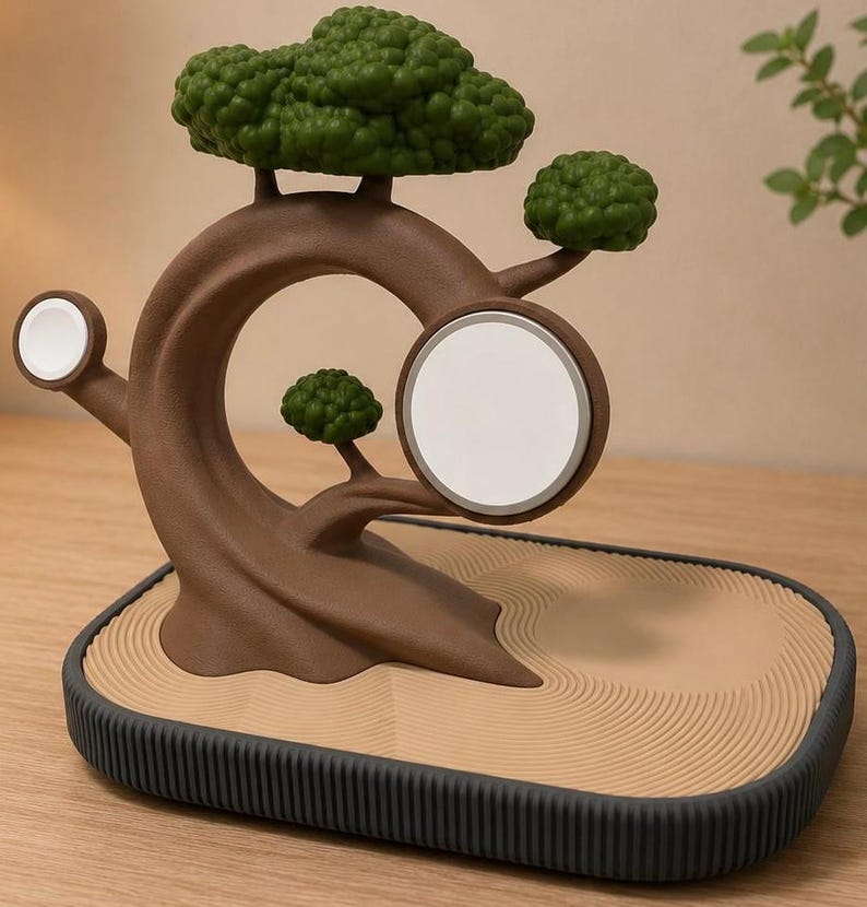 May include: A brown bonsai tree-shaped charging station with green foliage, featuring a circular white magnetic charger and a smaller circular white charger on a branch. The base is a rectangular tray with a tan sand-textured surface and dark grey sides.