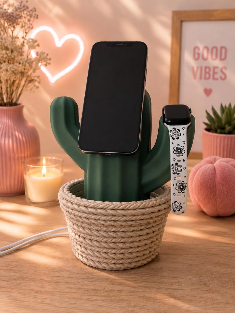 May include: A dark green cactus-shaped charging station base set inside a beige rope-textured basket. The cactus features a central slot holding a black smartphone and a side arm holding a smartwatch with a white band featuring black flower patterns.