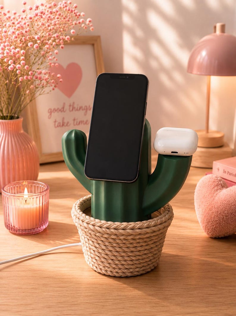 May include: A dark green cactus-shaped charging station with a woven rope base. The device features a central upright slot for a smartphone and a smaller side platform for wireless earbuds, connected by a white power cord extending from the bottom.