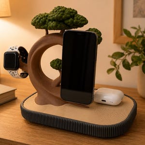 May include: A multi-device charging station featuring a brown tree-shaped stand with green foliage, a tan base with a circular ripple pattern, and a dark grey ribbed edge. It holds a black smartphone, a smartwatch with a patterned band, and white earbuds.