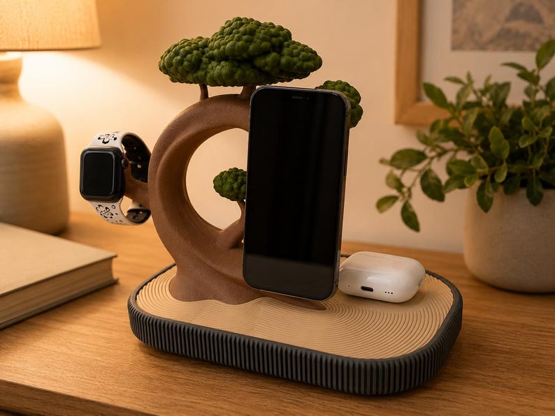 May include: A multi-device charging station featuring a brown tree-shaped stand with green foliage, a tan base with a circular ripple pattern, and a dark grey ribbed edge. It holds a black smartphone, a smartwatch with a patterned band, and white earbuds.